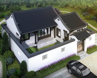 一层带庭院新中式古典风格合院小别墅设计施工图纸13mX14m